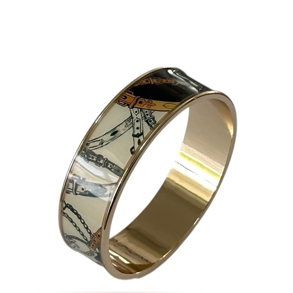 CHICO’S Gold Tone Hinged Bangle Bracelet Floral Chain Motifs Black White - Picture 4 of 6